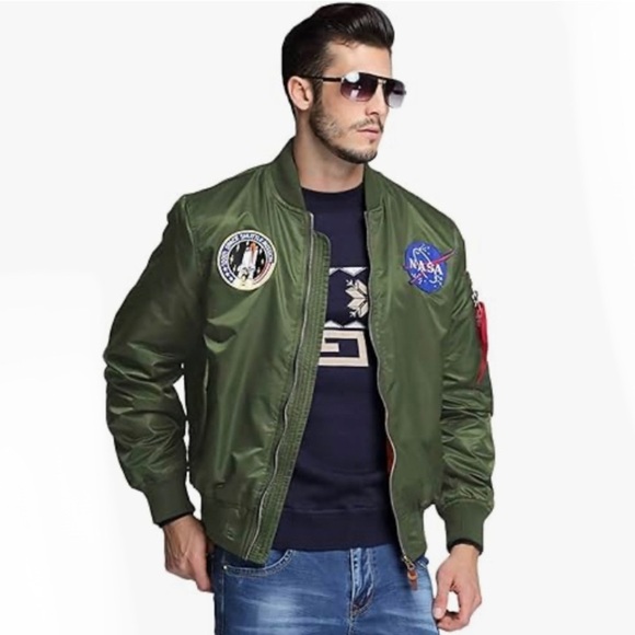 Olive Green NASA Print Mens Zip Up Bomber Jacket